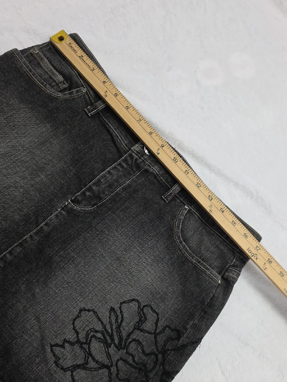WHBM Black Faded Distressed Denim Jean Mini Skirt Embroidered Floral